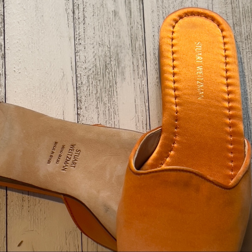 Stuart Weitzman Muletown Round Toe Mules Slip On Flat Orange Satin - Picture 9 of 16